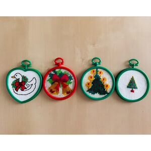 Lot of 14 Vintage Handmade Christmas Ornaments Cross Stitch Felt Embroidered